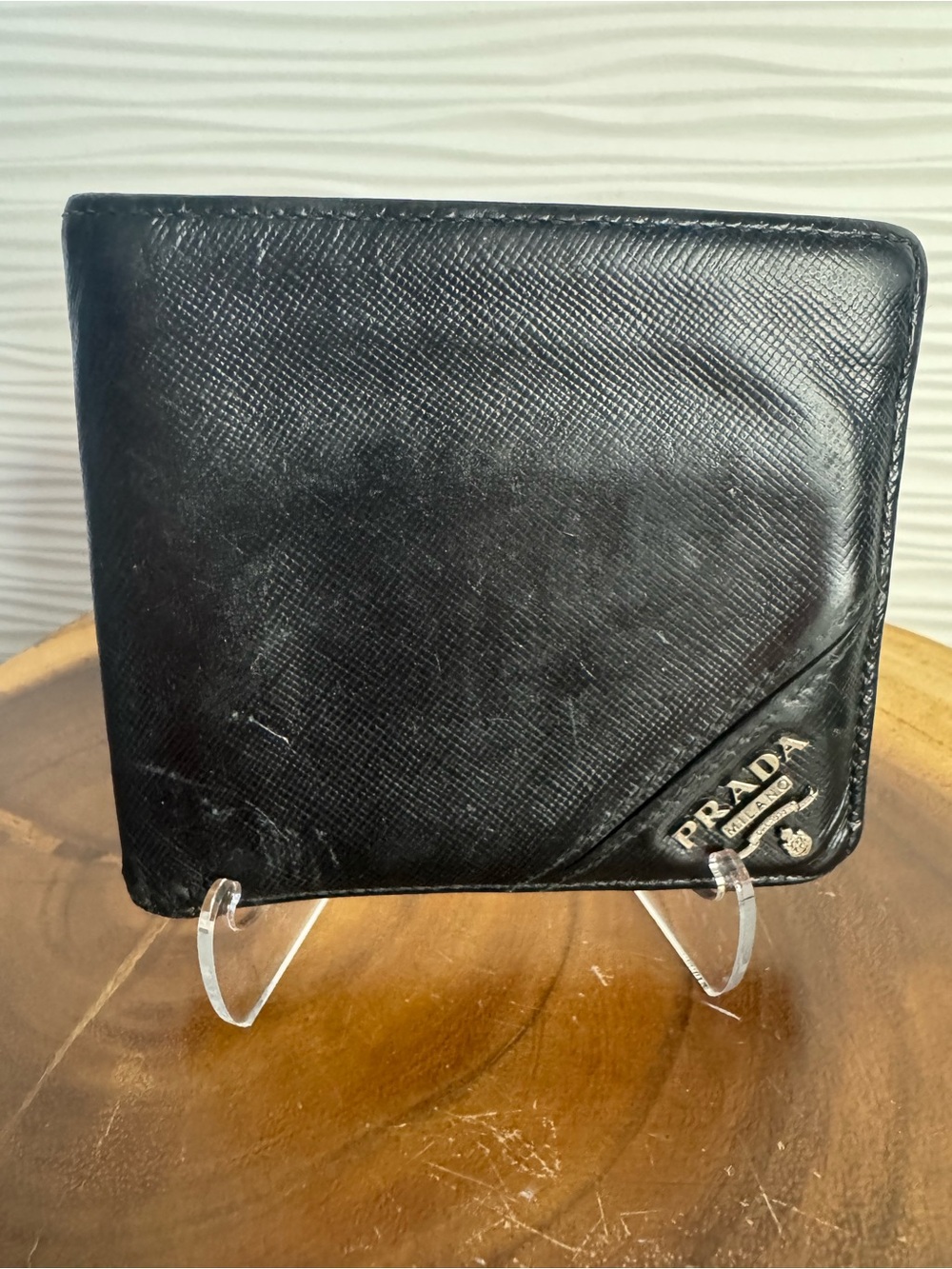 Vintage preloved Prada Black Saffiano Leather Men's Bi-Fold Wallet with Logo